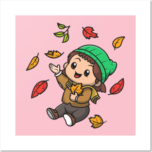 Cute Girl In Autumn Cartoon Posters and Art